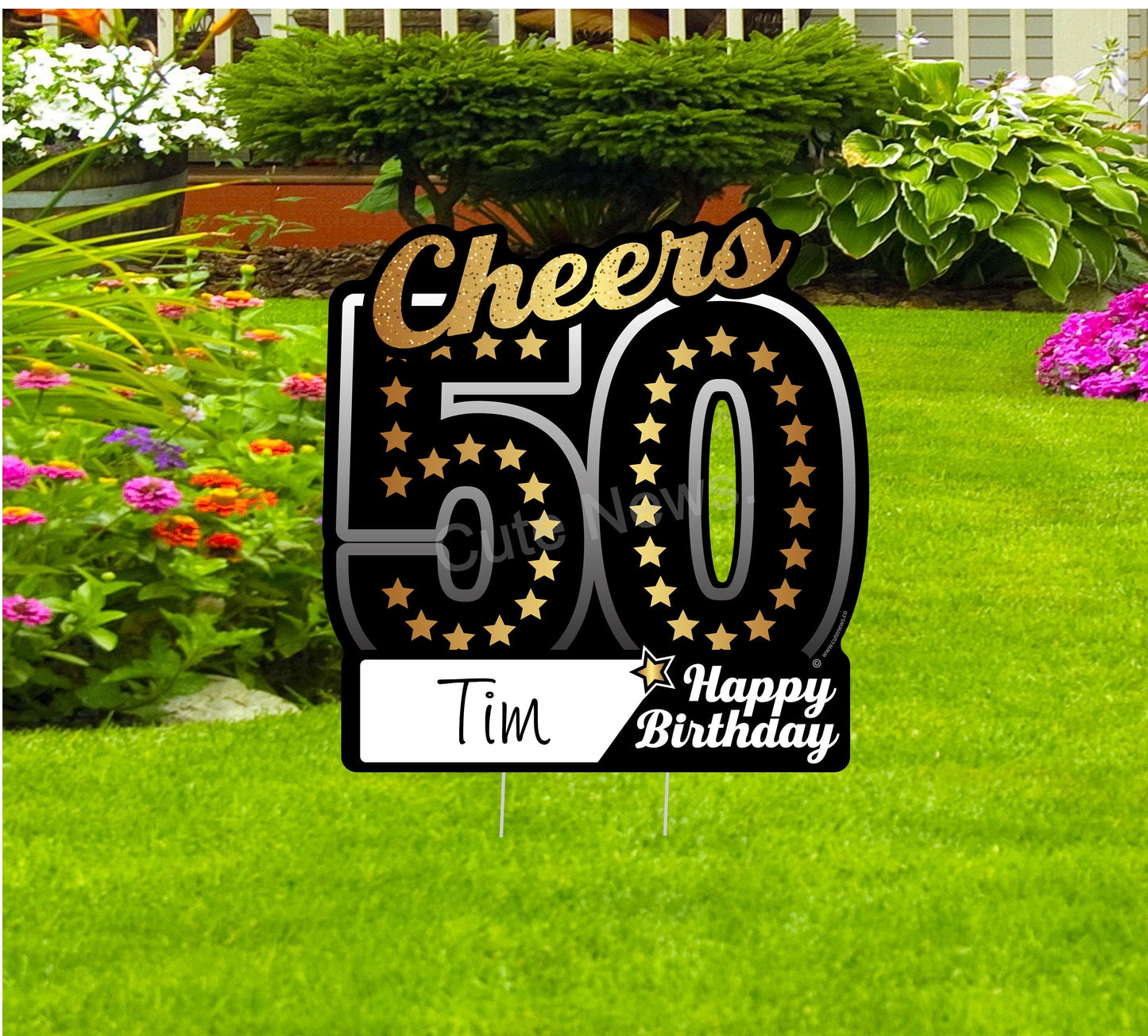 Personalized 50th Birthday Yard Sign: Black & Gold Party Decor