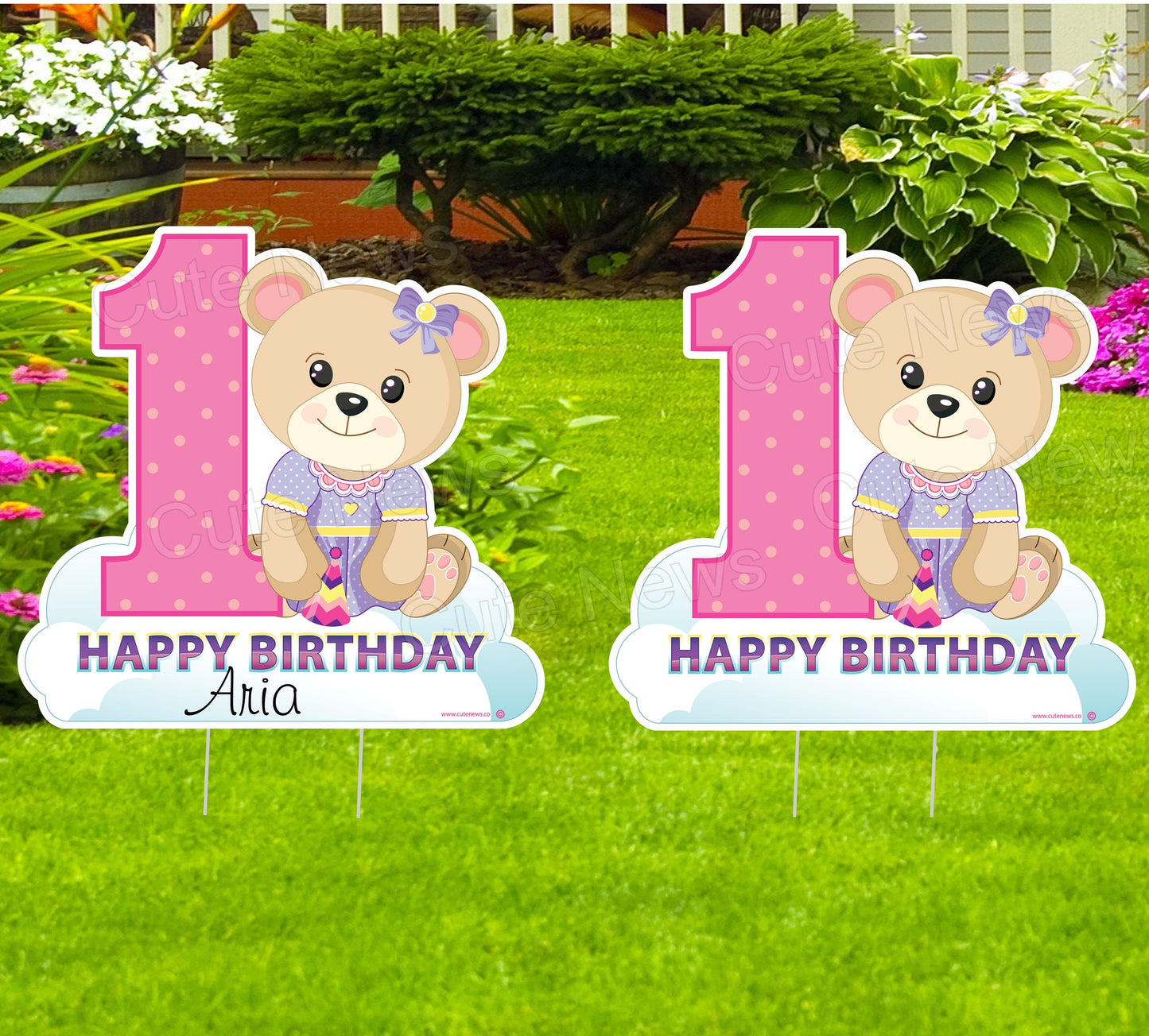 Twins First Birthday Teddy Bear Yard Signs, Happy 1st Birthday Party Lawn Decorations, Custom Happy Birthday Lawn Cards with Stakes