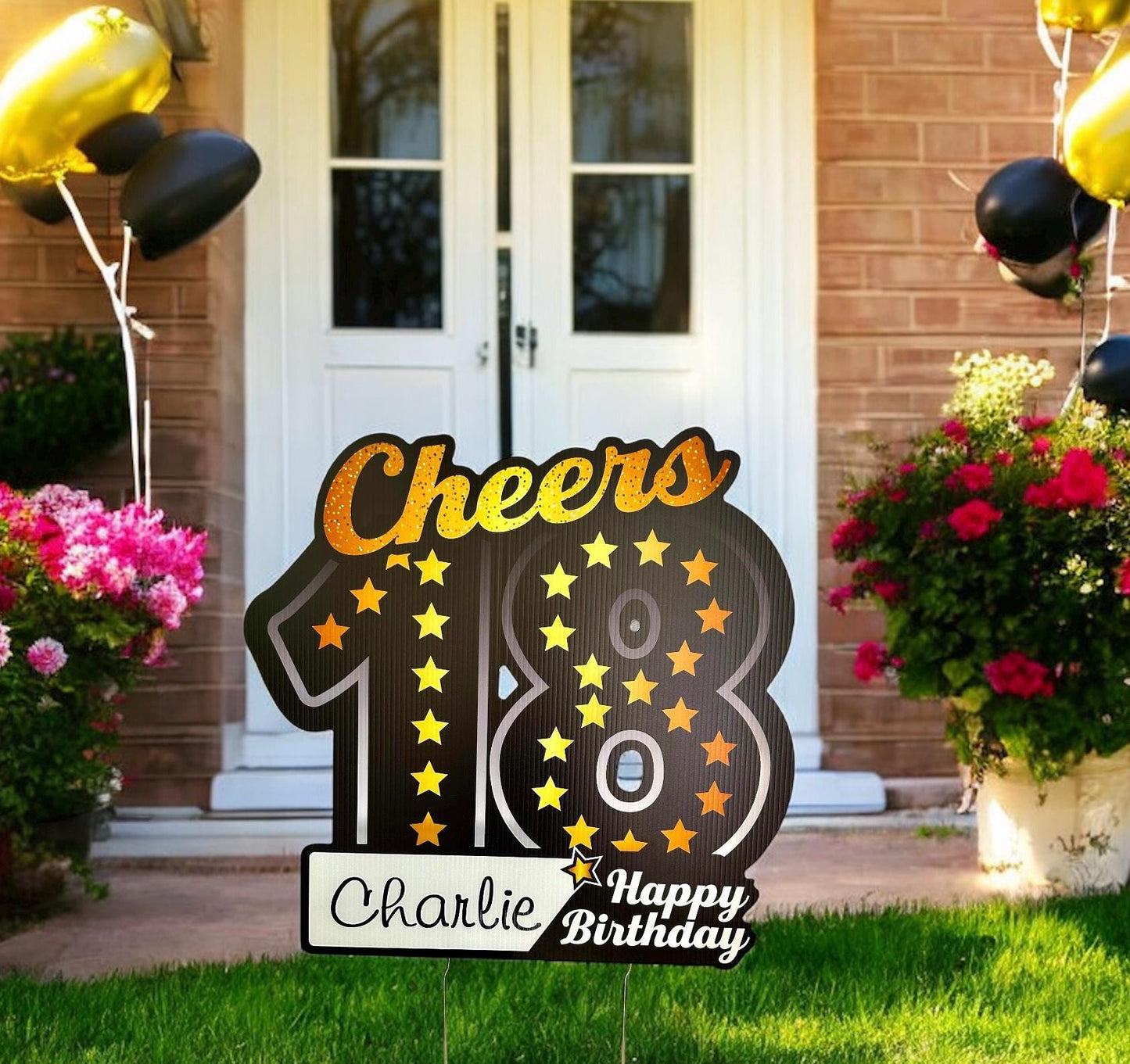 Personalized 18th Birthday Yard Sign: Black & Gold Outdoor Decor