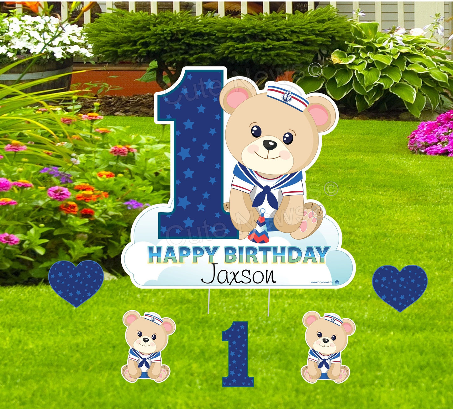 Nautical 1st Birthday Yard Sign: Sailor Bear, Personalized Decoration