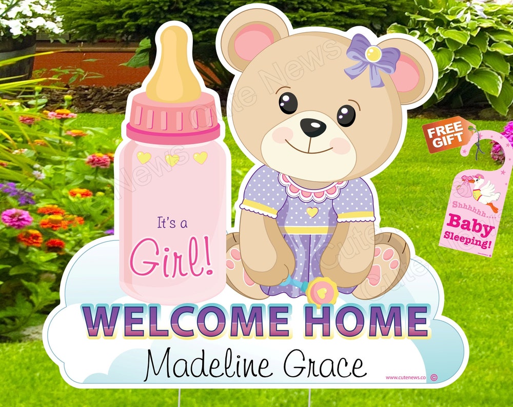 Welcome Home New Baby Teddy Bear Yard Sign