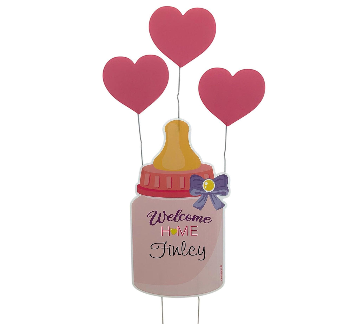 Welcome Home Baby Yard Sign – Personalized Newborn Lawn Decoration for Girl or Boy, Baby Bottle and Hearts Outdoor Birth Announcement