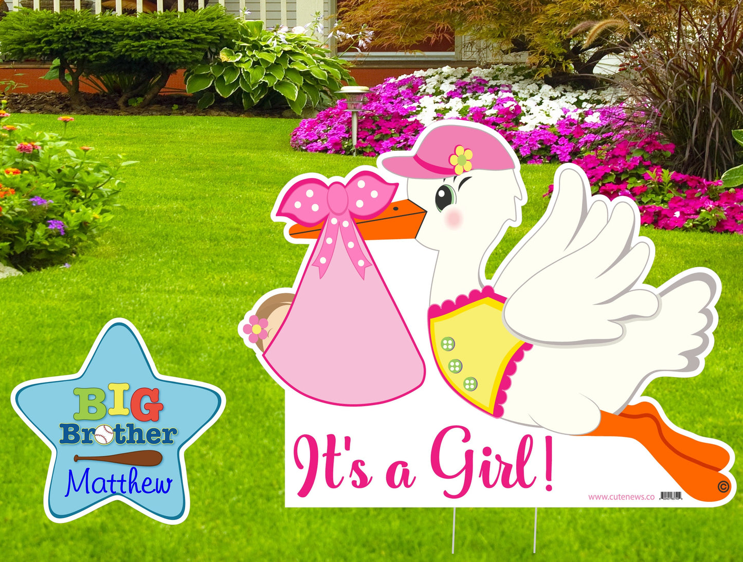 Stork Yard Sign: Baby Announcement with Sibling Star - Outdoor Decor