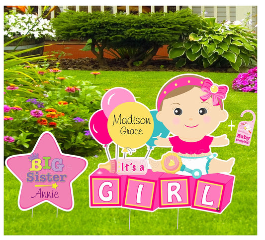 Welcome Home Baby Girl Yard Sign: Building Block Theme Decor