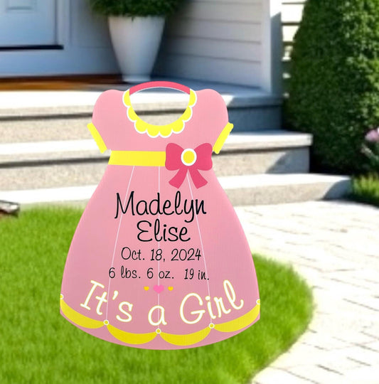 It's A Girl Yard Sign: Newborn Welcome Home, Outdoor Lawn Decor - Birth Stats Pink Dress