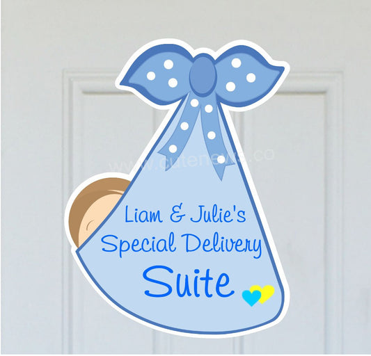 Personalized Stork Newborn Announcement: It's a Boy or Girl Hospital Door Hanger