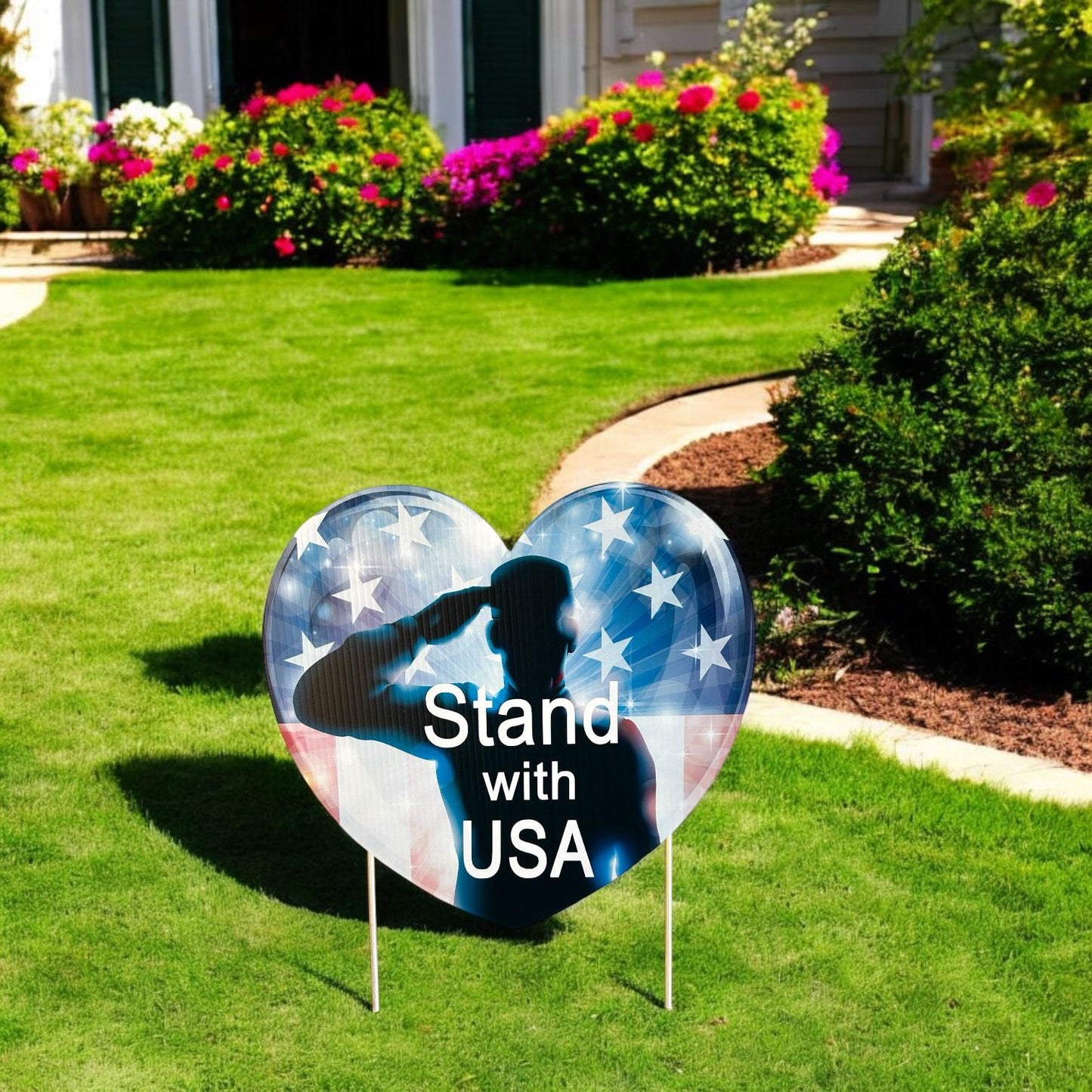 Patriotic Heart Yard Sign: Stand with USA, American Flag Lawn Decor