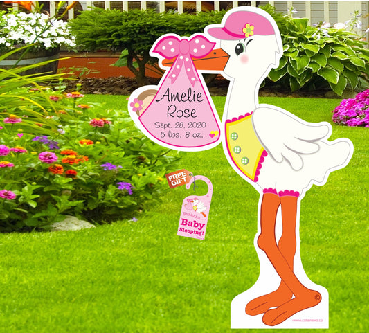 Welcome Home Baby Yard Stork Sign, Custom Birth Stats It's a Girl, Boy Stork Announcement, Personalized Newborn Arrival Decoration 4 ft tall