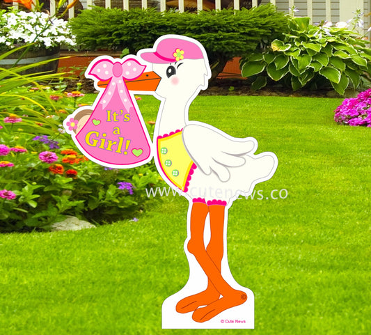 It's a Girl Stork Yard Sign, Outdoor Baby Lawn Announcement, Shower Party Decoration Card, Welcome Home Newborn Boy Banner, 4 feet tall Pink
