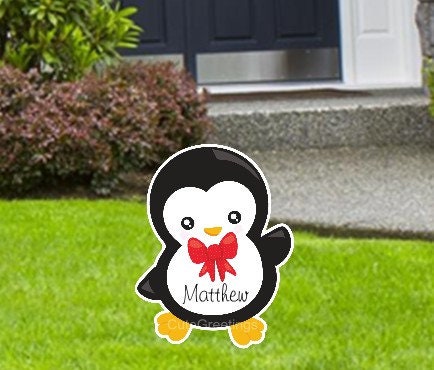 Personalized Christmas Penguin Yard Sign: Holiday Lawn Outdoor Decoration