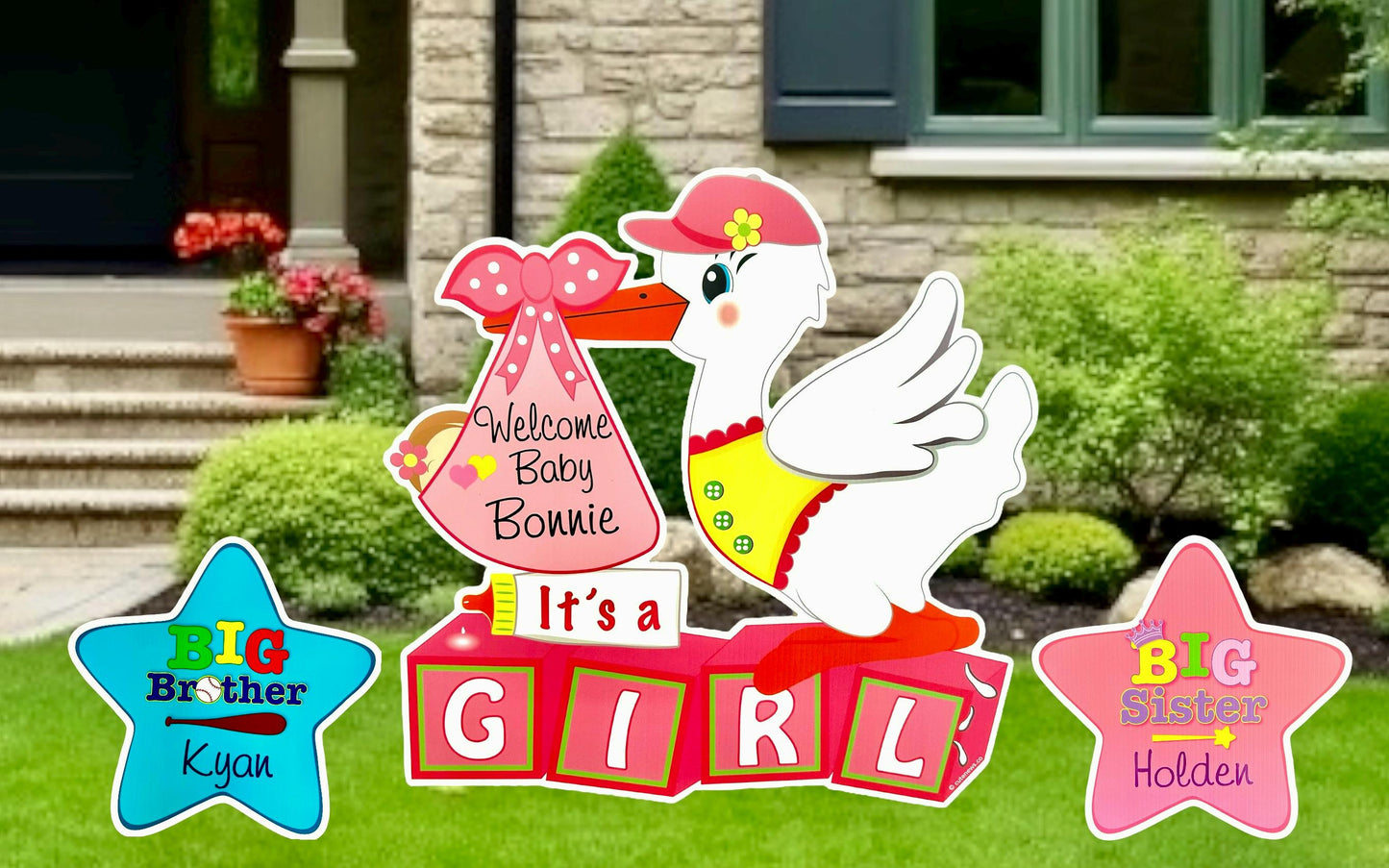 Stork Yard Sign: Newborn Baby Announcement, Sibling Star Signs, Outdoor Welcome Home Decor