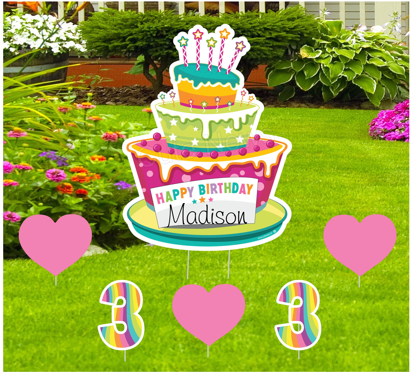 Personalized 1st Birthday Yard Sign: Rainbow Cake Outdoor Decor