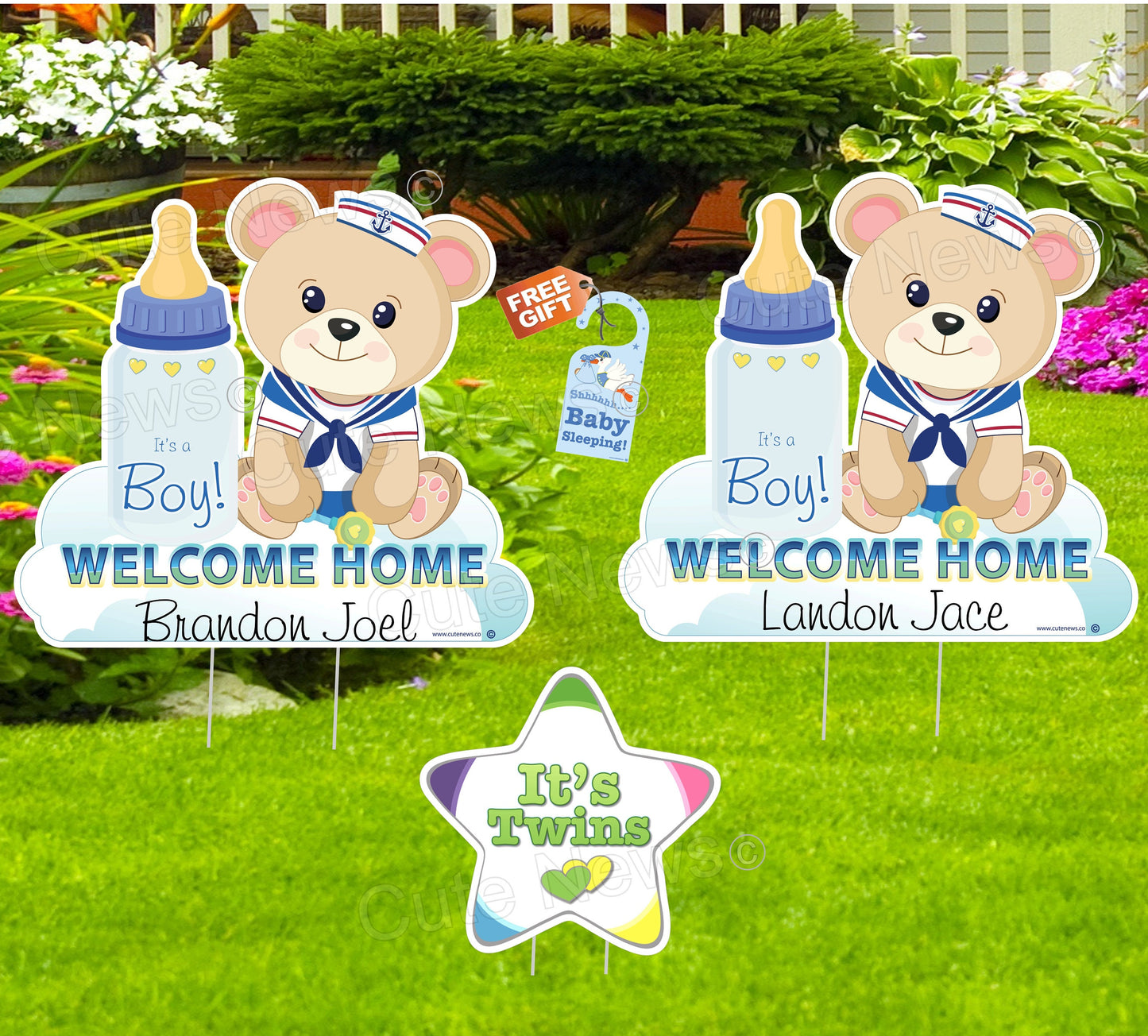 It's Twins Yard Sign: Teddy Bear Lawn Decoration, Newborn Announcement