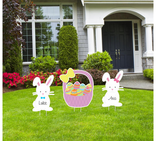 Easter Yard Sign Set: Bunnies, Basket, Eggs - Spring Lawn Decor