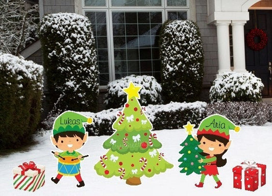 Personalized Christmas Yard Sign: Elf and Tree Lawn Decoration