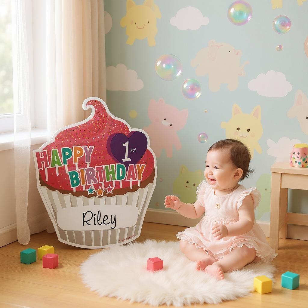 Personalized 1st Birthday Yard Sign: Outdoor Cupcake Lawn Decoration