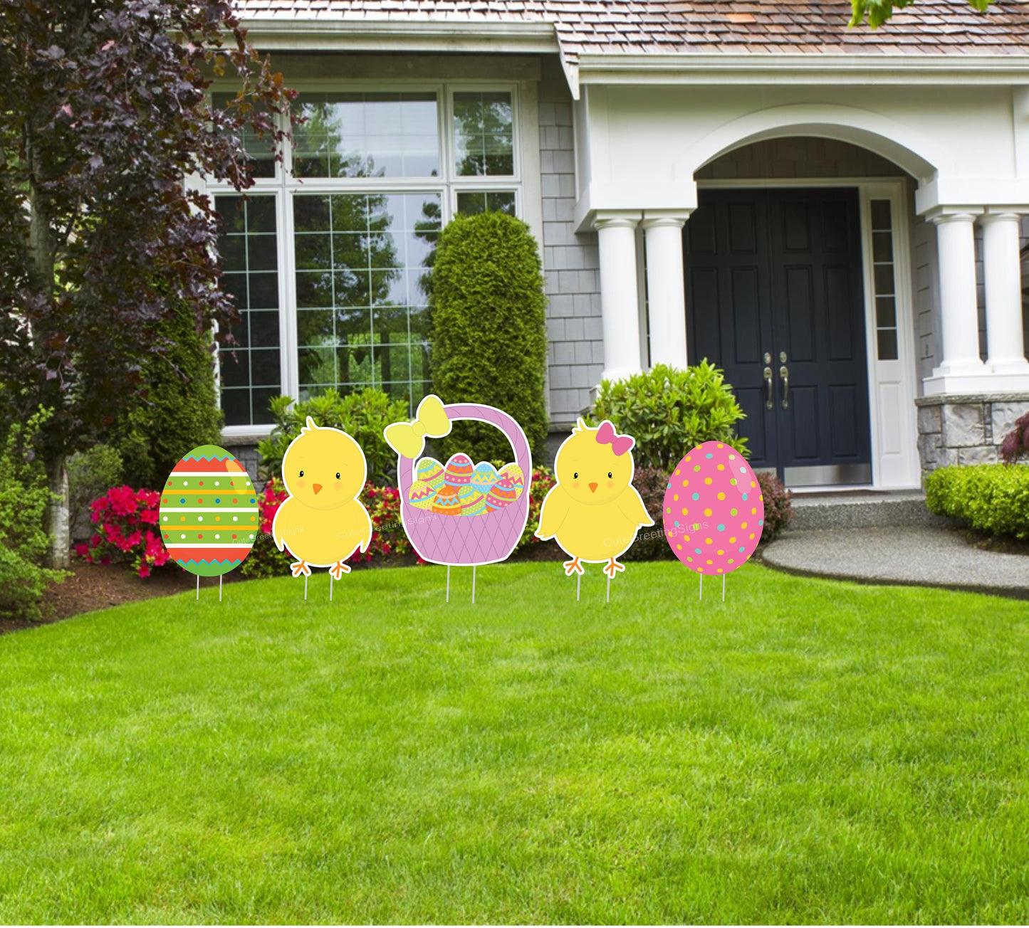 Easter Yard Decorations: Eggs, Chicks, Basket - 5 Piece Set