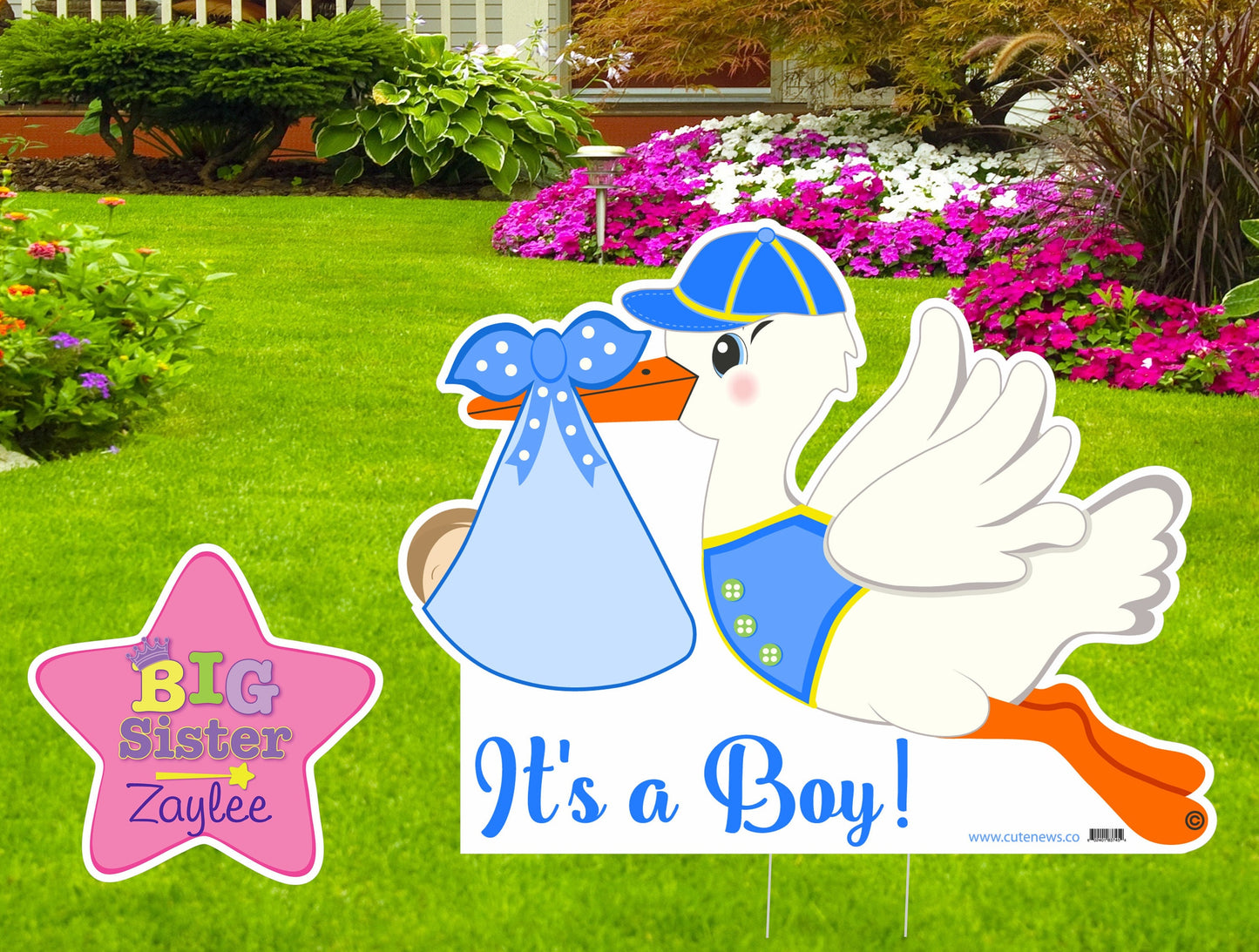 Stork Yard Sign: Baby Announcement with Sibling Star - Outdoor Decor
