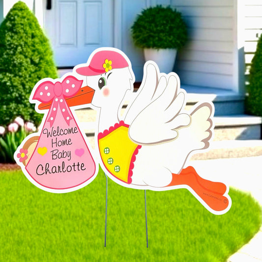Welcome Home Baby Sign, Its a Girl, Boy Stork Yard Sign, Outdoor New Birth Announcement, Newborn Decor Banner,  Custom Gift for Mom