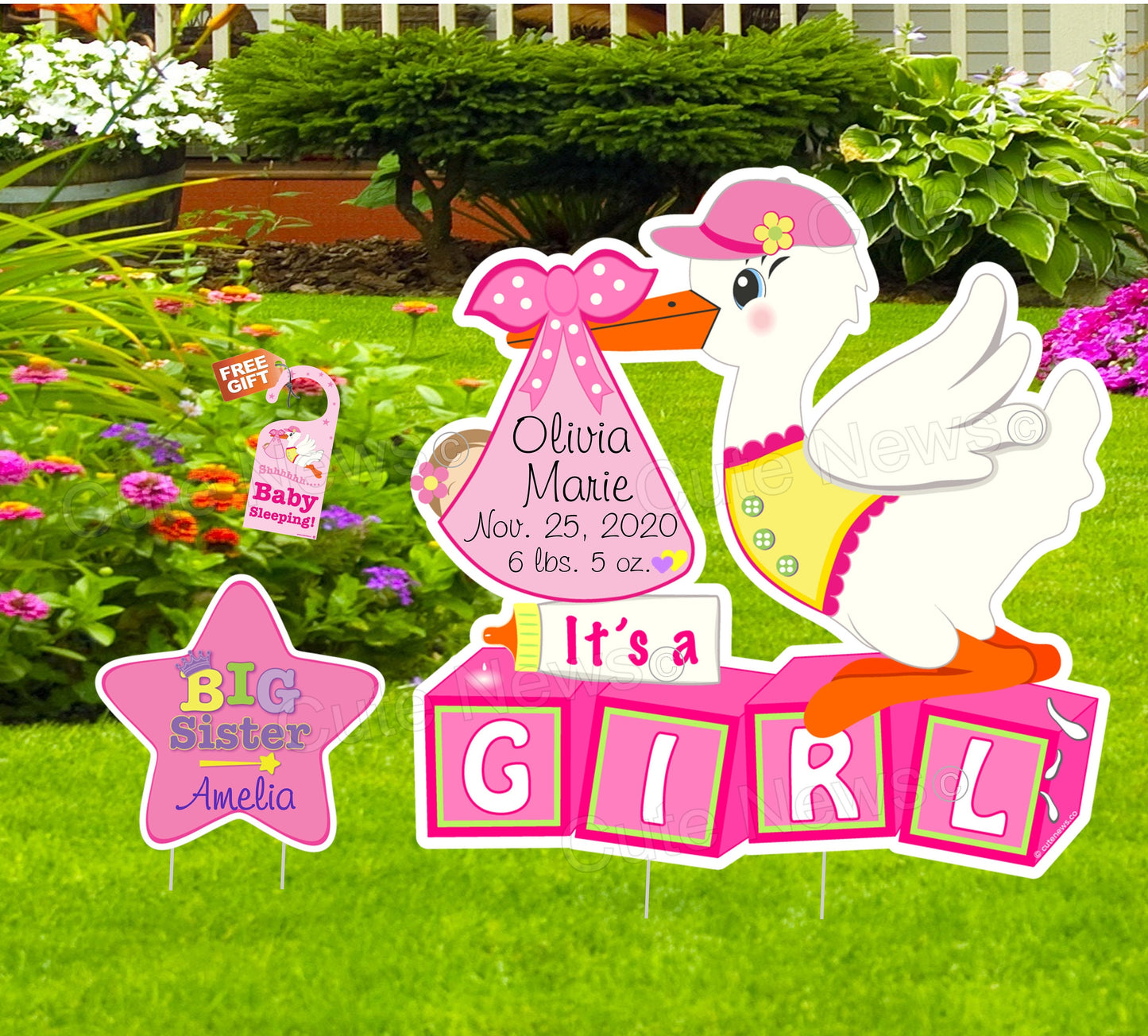 Personalized Stork Yard Sign: New Baby Announcement, Big Sibling Star Banner