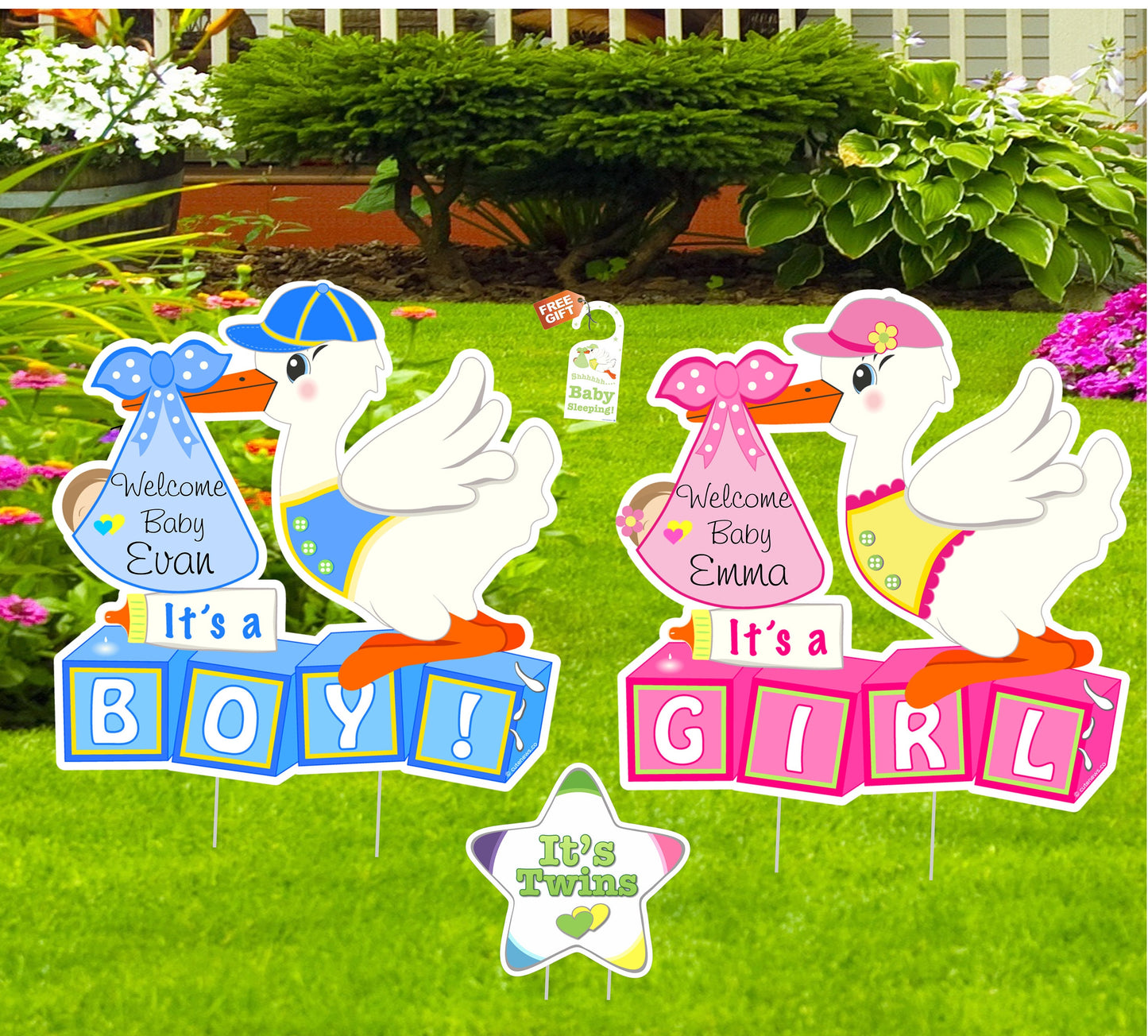 Personalized Twin Stork Yard Signs: Baby Announcement, Shower Decor