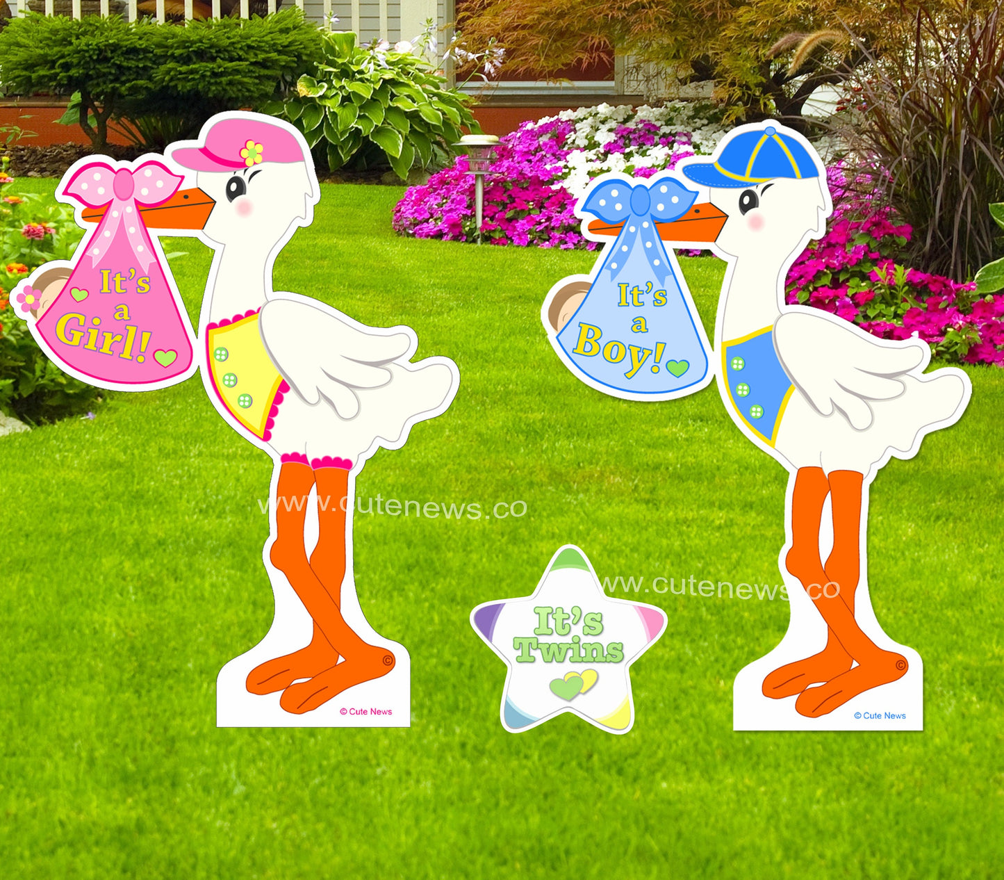 Twin Baby Stork Yard Sign: Newborn Arrival, Welcome Home Outdoor Decor