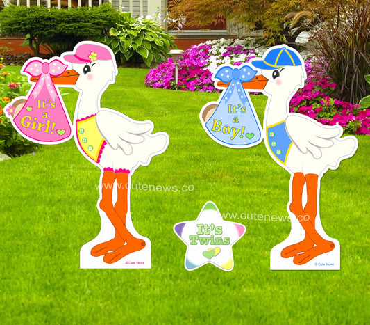Twin Baby Stork Yard Sign: Newborn Arrival, Welcome Home Outdoor Decor
