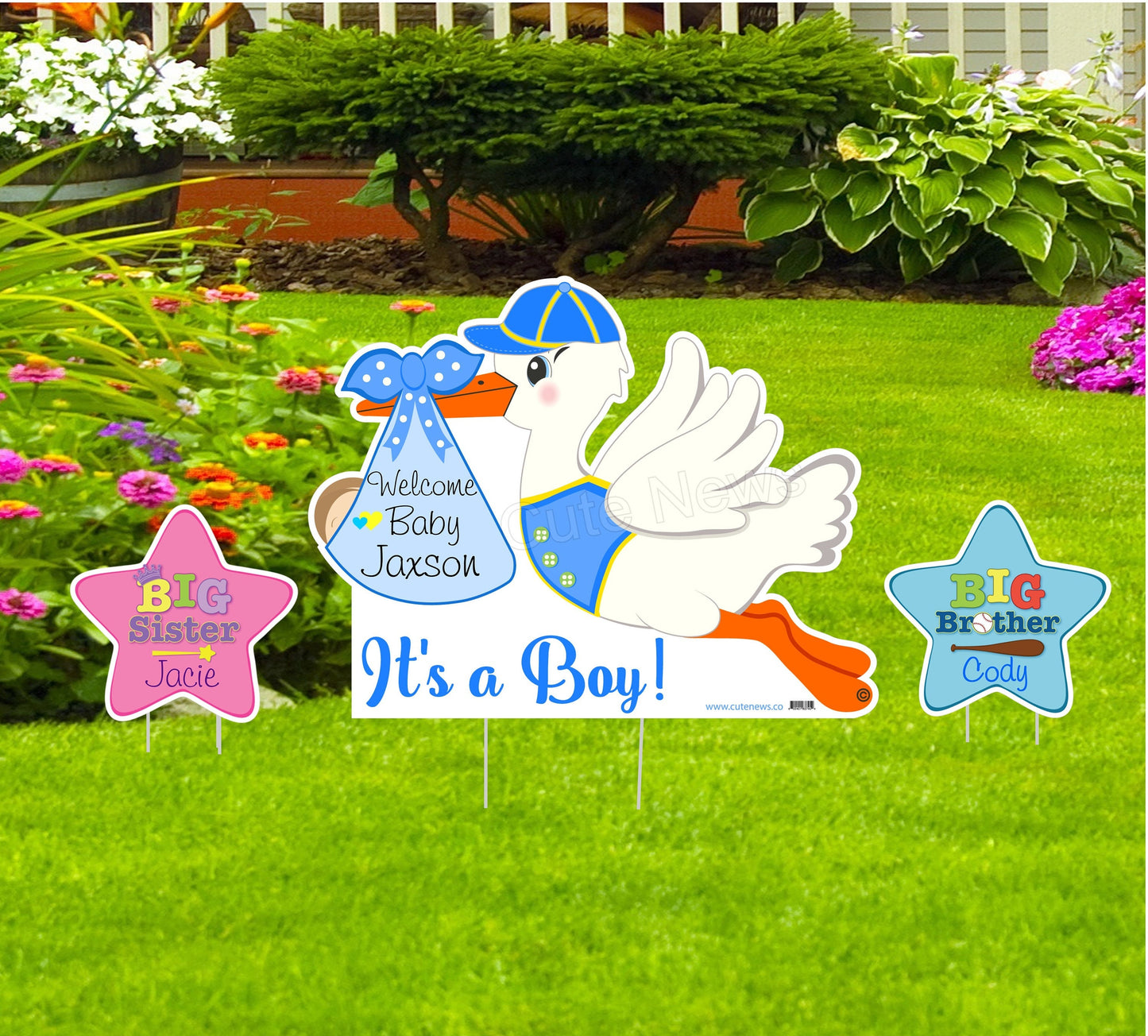 Personalized Stork Yard Sign: Baby Announcement with Sibling Star