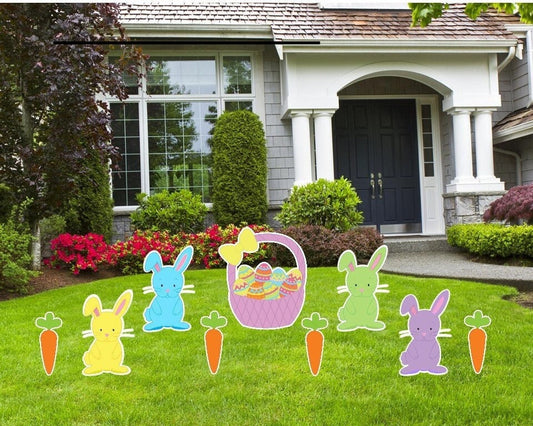 Outdoor Easter Bunny and Basket Yard Signs: Pastel Holiday Lawn Decor