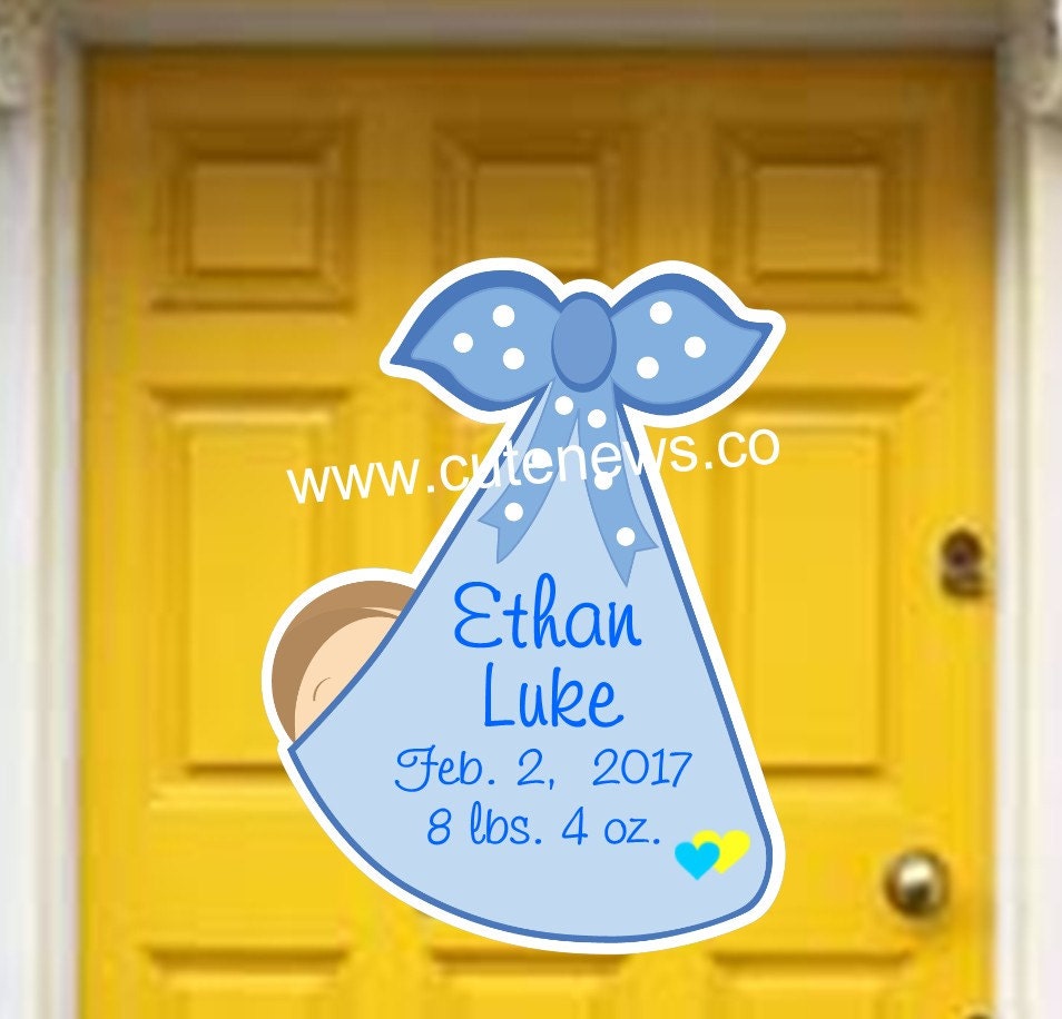 Personalized Baby Announcement Sign: Stork Door Hanger, New Birth Stats