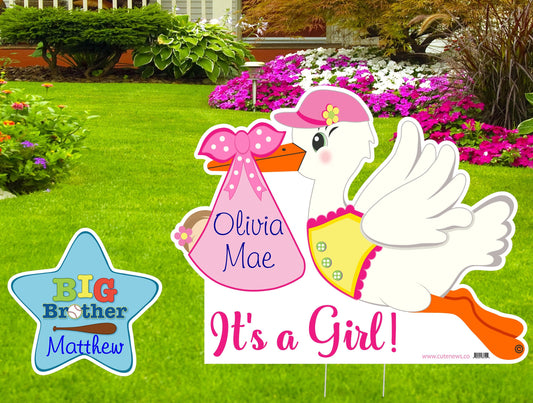 Stork Yard Sign: Baby Announcement with Sibling Star - Outdoor Decor