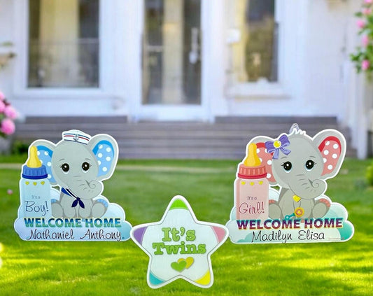 Twins Elephant Yard Sign: Personalized Baby Arrival Announcement