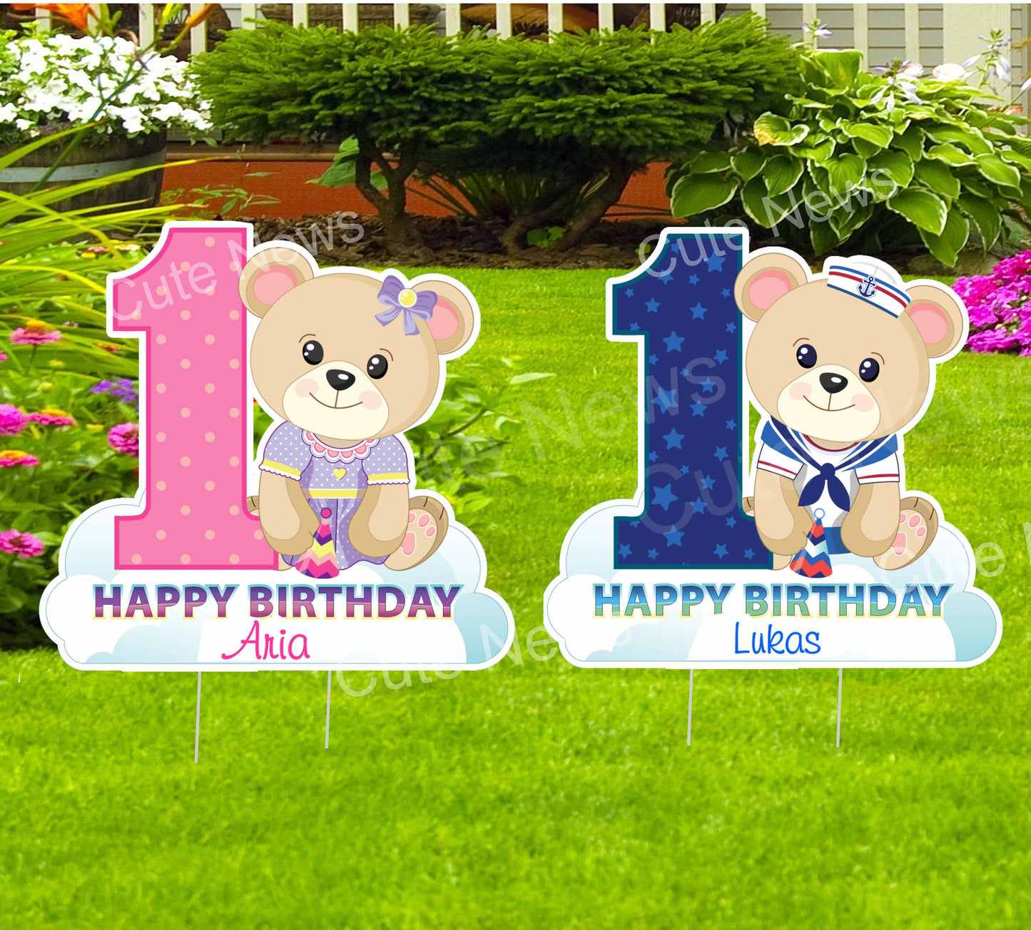 Twins First Birthday Teddy Bear Yard Signs, Happy 1st Birthday Party Lawn Decorations, Custom Happy Birthday Lawn Cards with Stakes