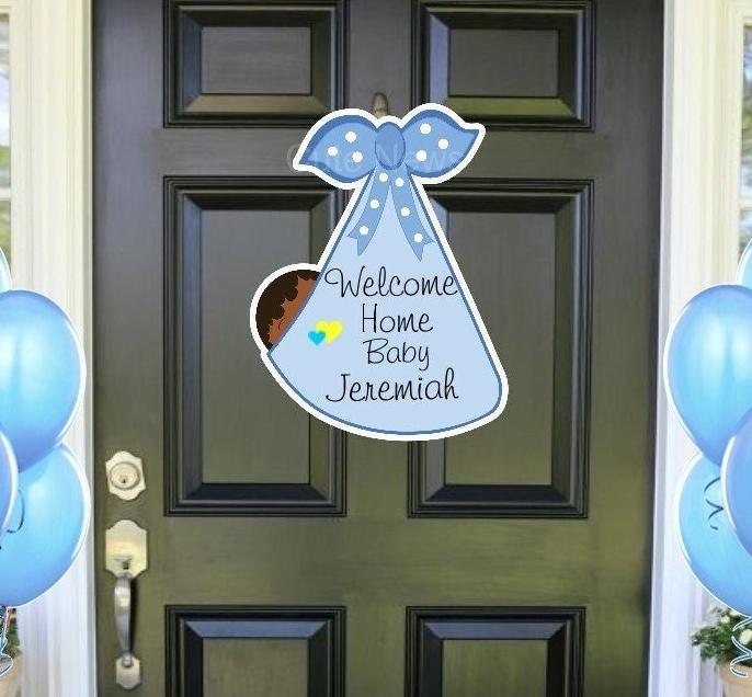 Personalized Stork Baby Announcement: Afro Baby Wreath, Hospital Door Hanger