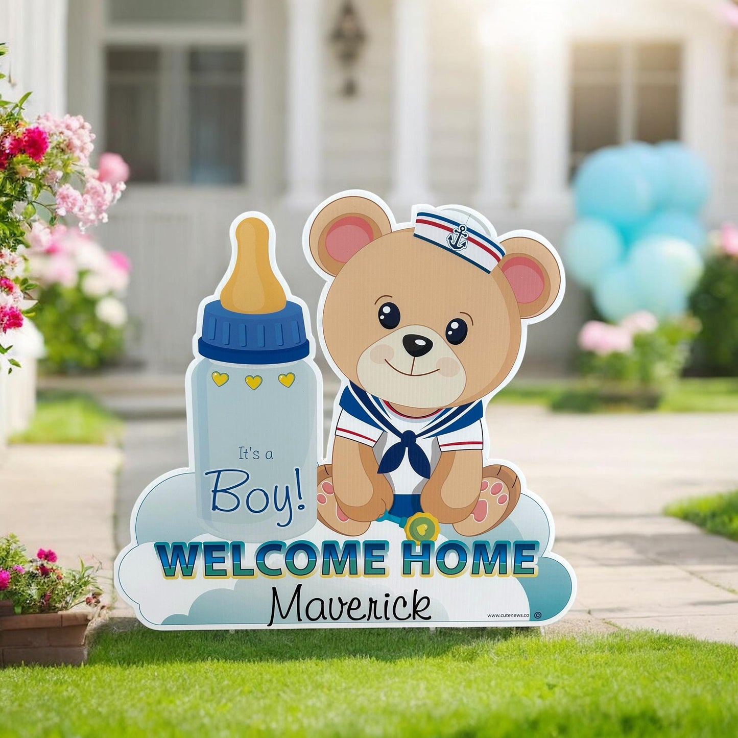 Welcome Home New Baby Teddy Bear Yard Sign, Custom Name Its a Boy Personalized Lawn Birth Announcement, Newborn Arrival Decoration Card Gift