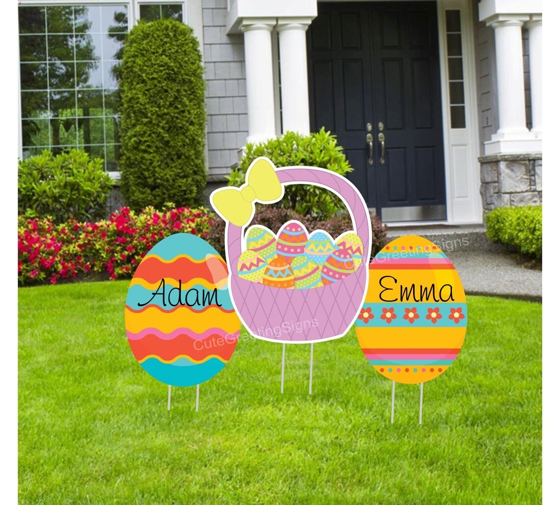 Easter Yard Sign Set: Bunnies, Basket, Eggs - Spring Lawn Decor