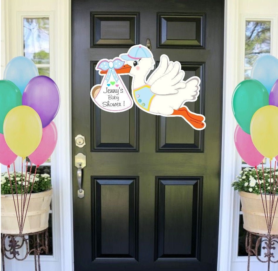 Welcome Baby Shower Stork Sign, Gender Neutral Shower Party Decoration Signs, Custom Name Unisex Shower Door Hanger Wreath
