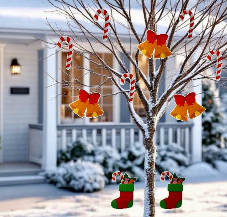Christmas Tree Yard Decorations - Outdoor Hanging Candy Cane Flat Ornaments