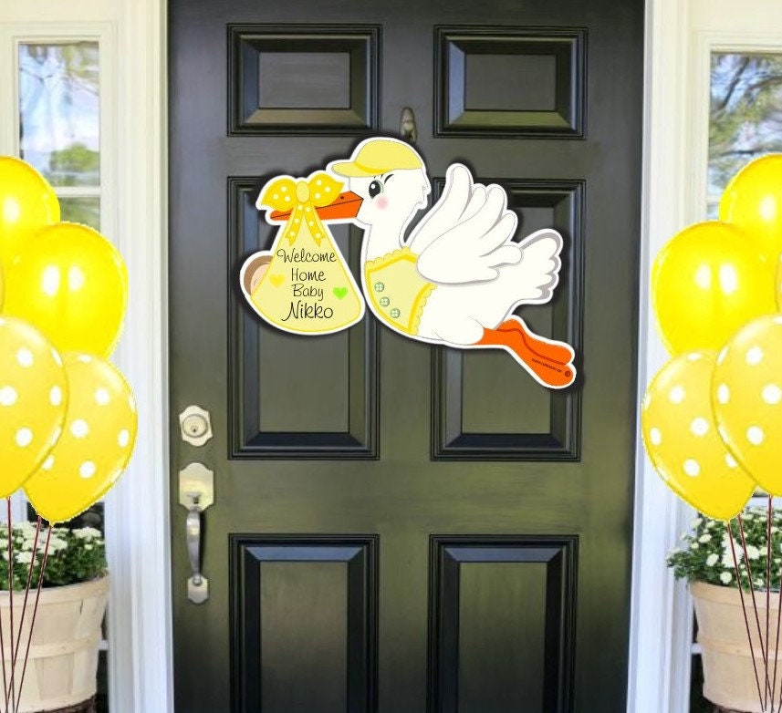 Welcome Home Baby Boy Stork Sign: Newborn Announcement Door Hanger