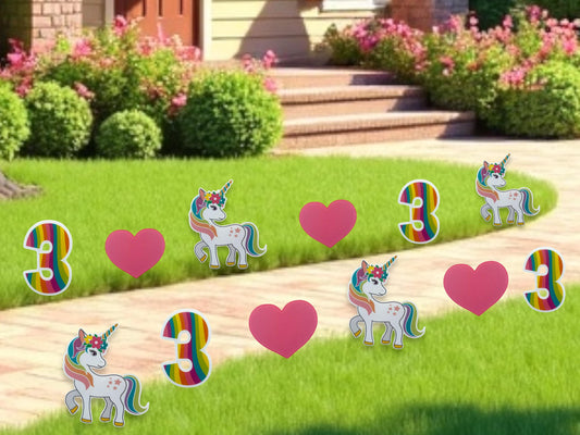 Unicorn Birthday Yard Sign Set: Custom Age, Rainbow Party Decor