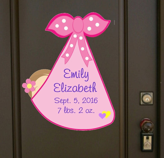 Personalized It's a Girl Stork Sign: Welcome Home Baby Announcement Door Hanger- Birth Stats Keepsake