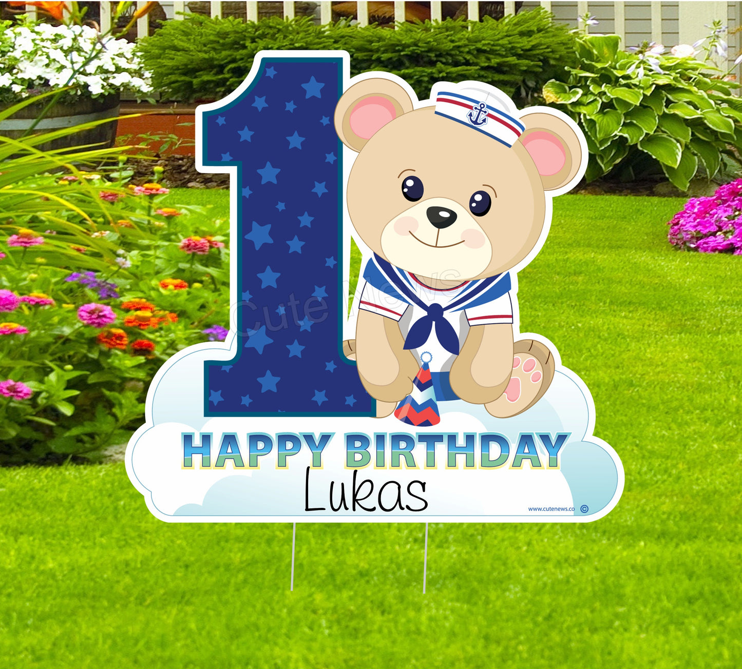 Happy First Birthday Yard Sign, 1st Birthday Teddy Bear Outdoor Party Decoration, Number 1 Lawn Art, Custom Gift for Baby Girl or Boy, Pink