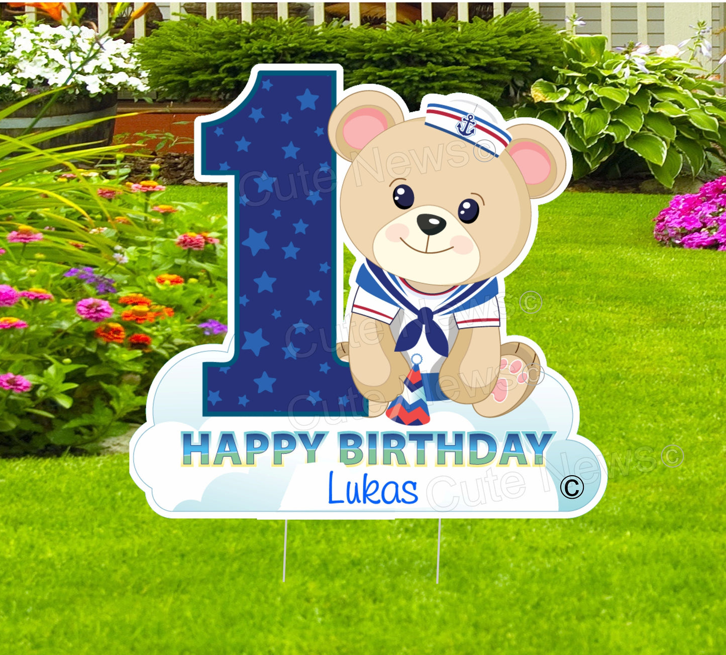 Happy 1st Birthday Boy or Girl, Teddy Bear Yard Sign, Little Sailor Theme,  First Birthday Lawn Card, Outdoor Party Decoration, Custom Gift