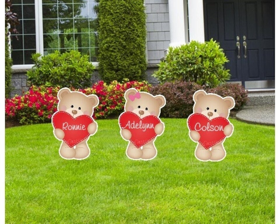 Personalized Valentine Teddy Bear Lawn Sign: Custom Name Heart Outdoor Yard  Decoration
