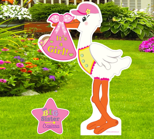 It’s a Girl or Boy Baby Yard Sign – Personalized Stork with Big Brother or Sister | Newborn Welcome Home Birth Announcement Outdoor Decor