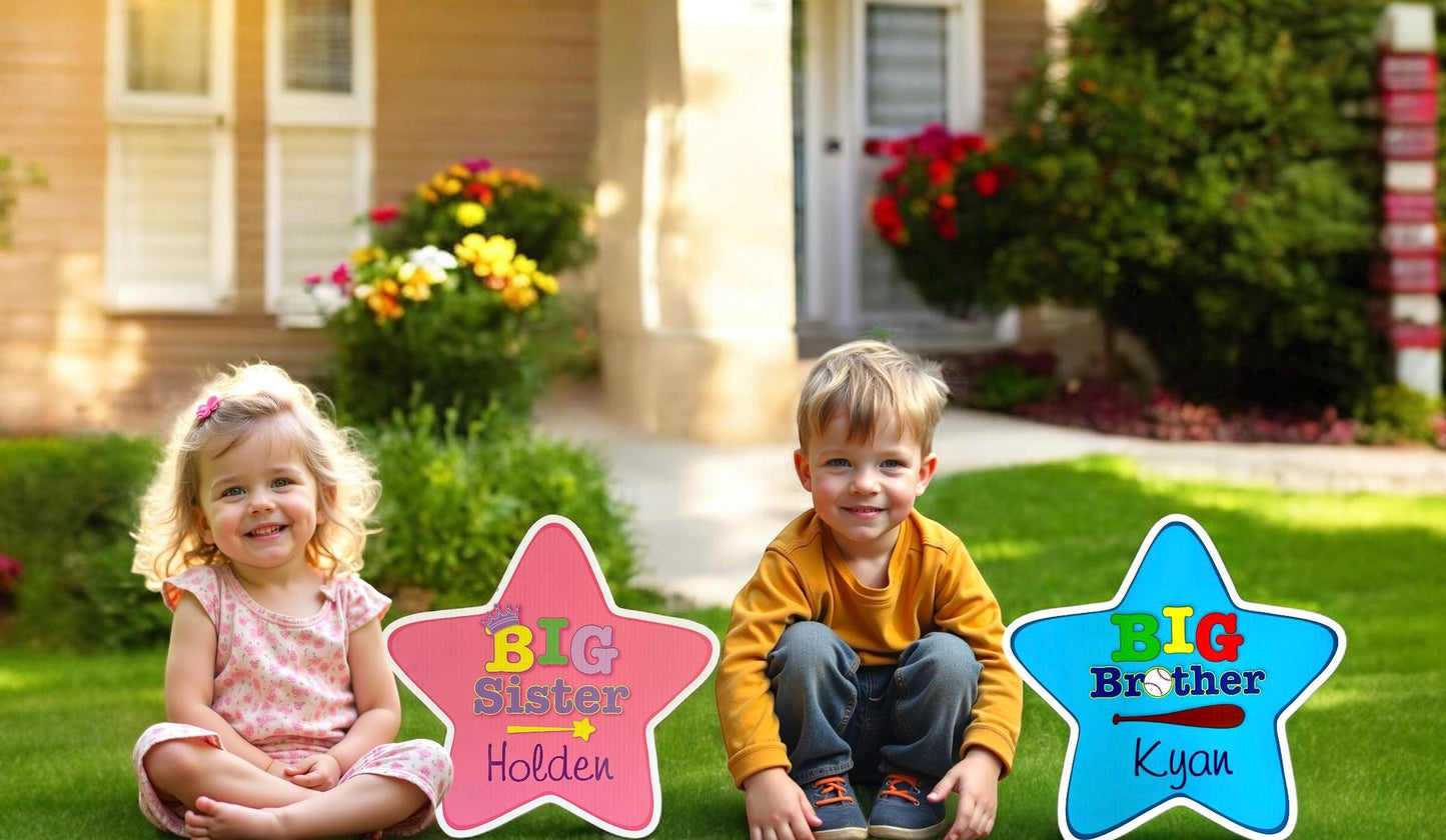 Custom Big Brother & Sister Star Signs: Baby Announcement Yard Decoration Set