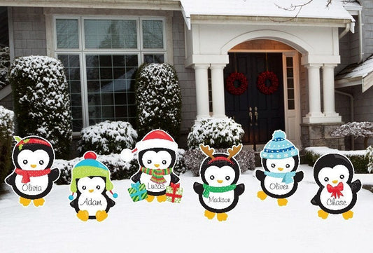 Christmas Penguins Outdoor Lawn Sign Decor Holiday Yard Art Cutouts Custom Garden Card Decoration Banner with Stakes, Personalized Gifts