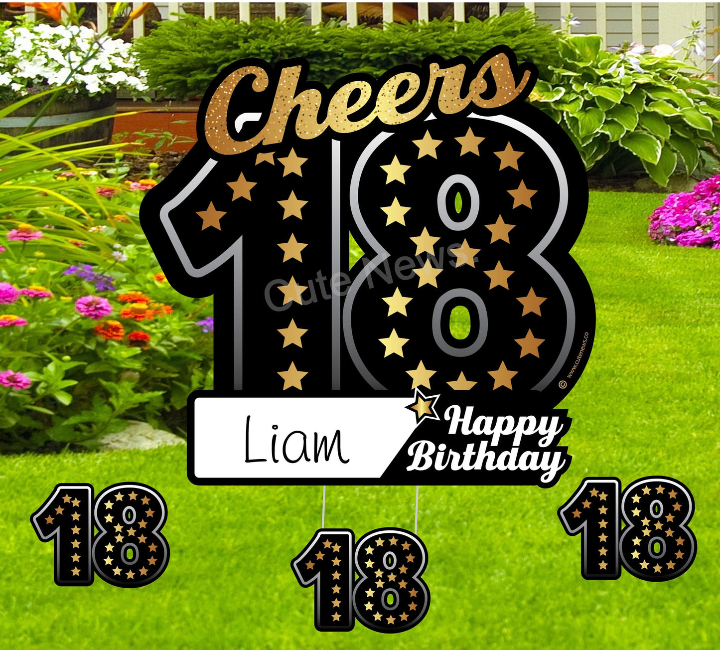 Personalized 18th Birthday Yard Sign: Black & Gold Party Decor