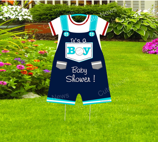 Boy Baby Shower Yard Sign: Navy Overall Outfit, Welcome Greeting - Outdoor Decoration