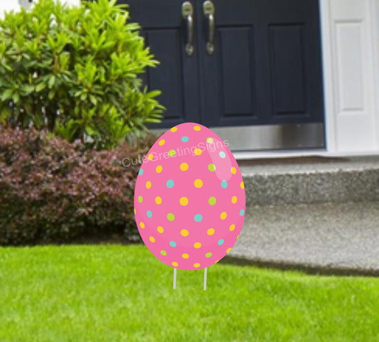 Easter Egg Lawn Decoration: Pink Polka Dot Yard Art with Stakes